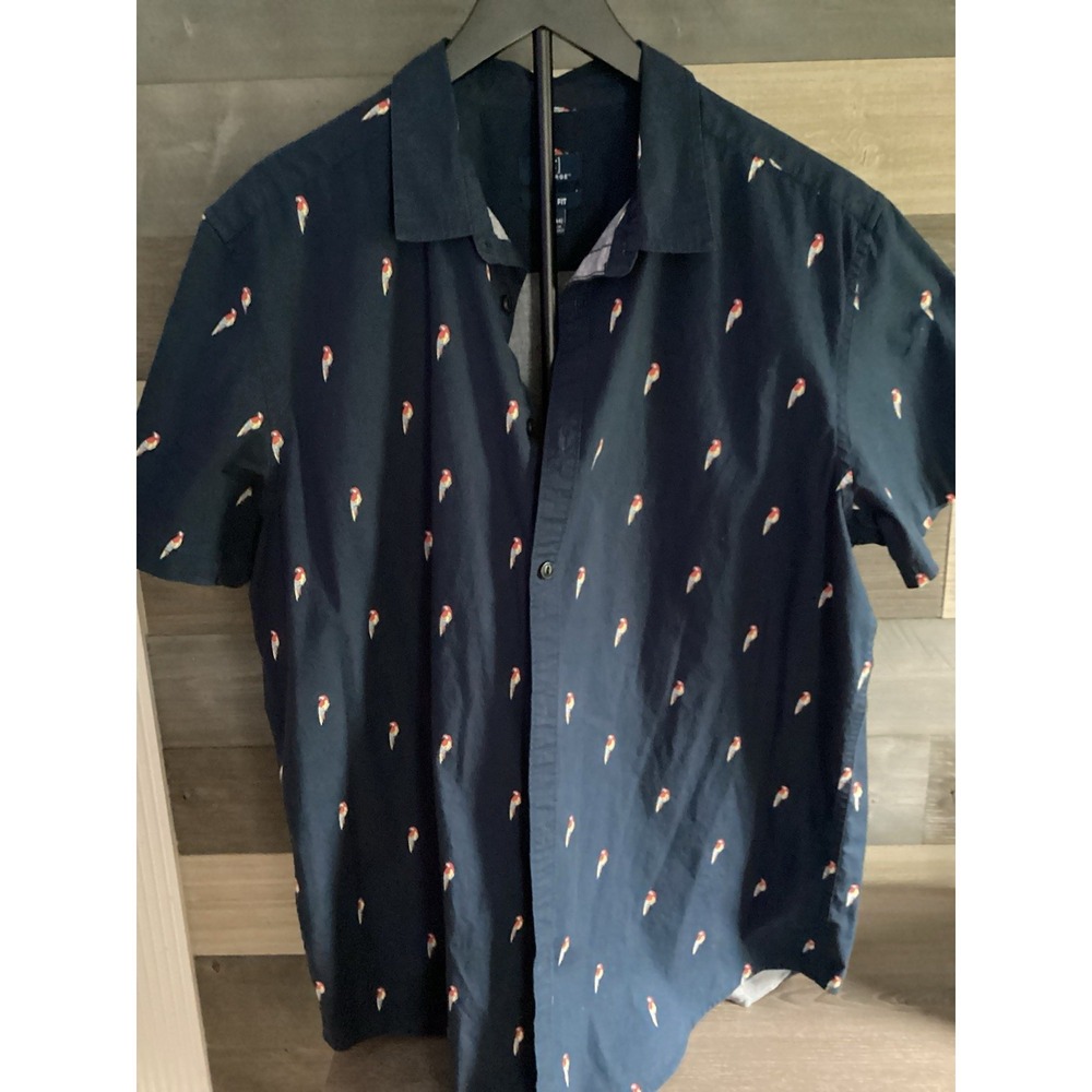 George Shirt Men's LargeSlim fit Parrot Navy Button Front Short Sleeve